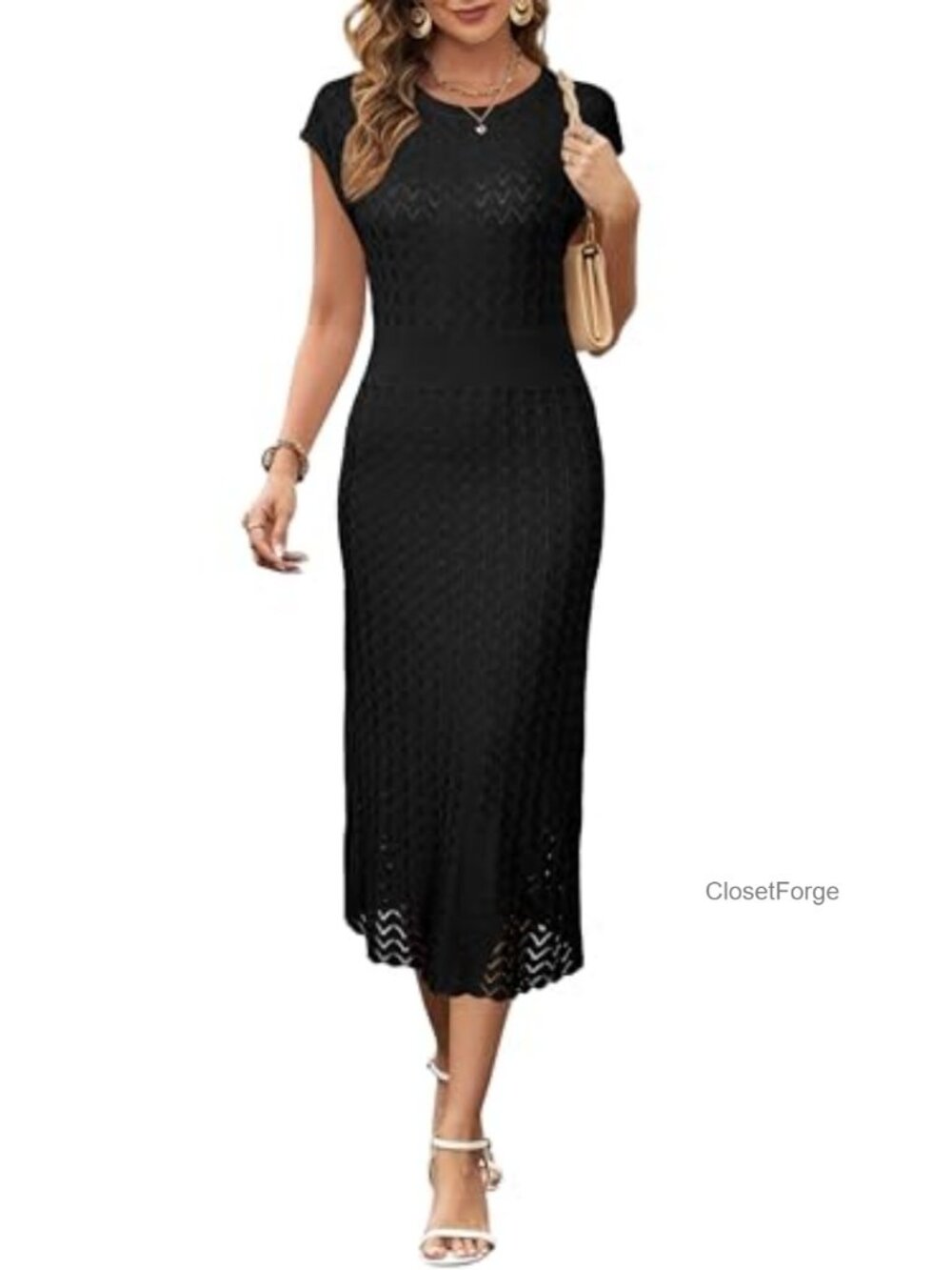 Women's Hollow Knit Midi Sweater Dress Cap Sleeve Business Casual Office Wear